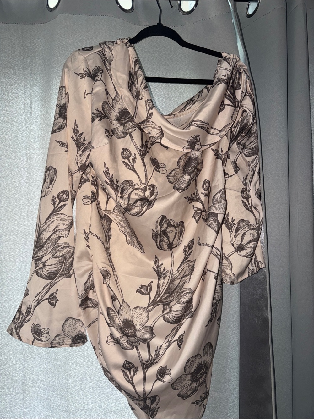 Floral Off side Shoulder Cowl Neck Blouse in Blush and Black